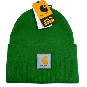 Carhartt Green Knit Hat with Cuffed Design and Yellow Logo